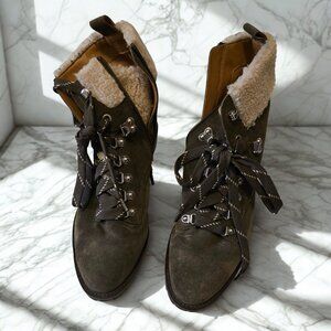 Rebecca Minkoff Faux Fur Lined Hiking Boots Olive Green Suede